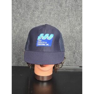 VTG Reynolds Sea Safety Survival Inc Trucker Hat Navy Blue Large XL Snapback USA